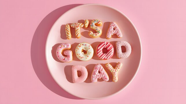 Creative pastel donut typography spelling it's a good day with sweet sprinkles on pink background