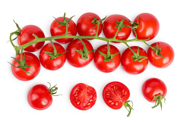 Cherry tomato bunch closeup isolated on white background. Top view. Flat lay