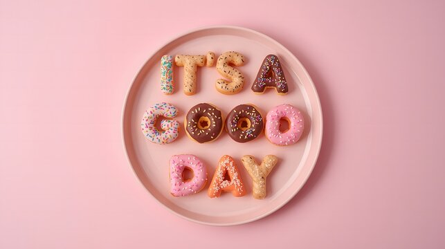 Creative pastel donut typography spelling it's a good day with sweet sprinkles on pink background - Powered by Adobe