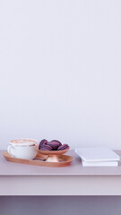 Coffee and macarons on tray 3D render