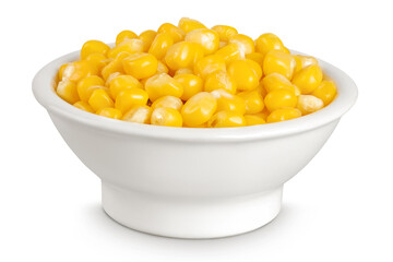 corn seeds in ceramic bowl isolated on white background with full depth of field