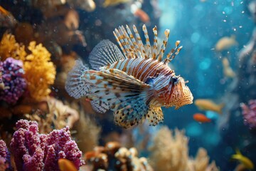 A beautiful lionfish swims among vibrant corals and other marine life in blue water