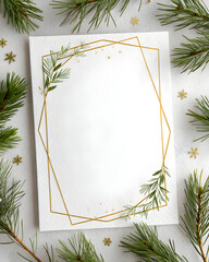 Minimalist Christmas frame with gold lines and green pine branches on white paper texture.