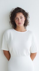 Peaceful woman with luminous skin, Calm woman in white shirt with dewy glow under gentle lighting, Relaxed female shot showcasing her radiant skin and natural look in soft studio setting