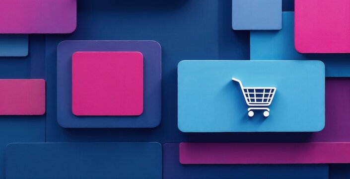 E-commerce concept with a shopping cart icon on an abstract background. Layered geometric shapes in blue and magenta representing online shopping and digital retail technology - Powered by Adobe