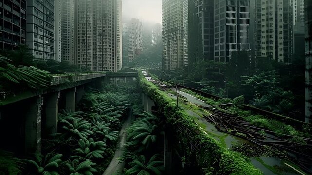 Destroyed ruins abandoned buildings apocalypse scene of city. Aerial view of urban landscape with highrise buildings and lush greenery, including a bridge and a forested area.