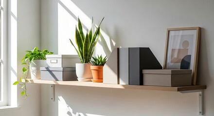 A sunlit wooden shelf with potted plants, storage boxes, and a picture frame.