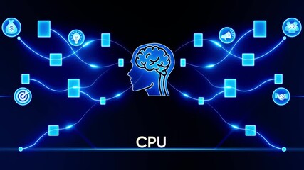 CPU Central Processing Unit Brain Network with Business Icons on Dark Blue Background Keywords: CPU, central processing unit, brain, head, profile, silhouette, network, connections, nodes - Powered by Adobe