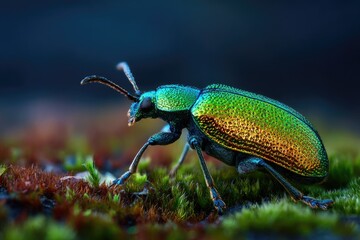 Naklejka premium Close-up of a iridescent green beetle perched on vibrant green and red moss