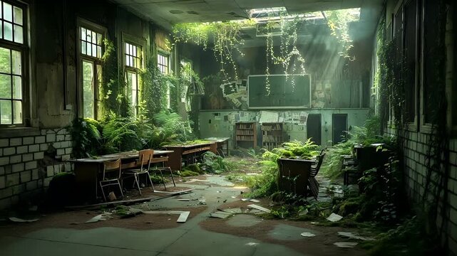 Destroyed ruins abandoned buildings apocalypse scene of city. Aerial view of an abandoned classroom with green plants and sunlight filtering through the windows.