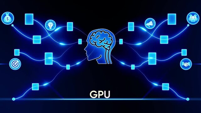 GPU Graphics Processing Unit Brain Network with Business Icons on Dark Blue Background Keywords: GPU, graphics processing unit, brain, head, profile, silhouette, network, connections, nodes