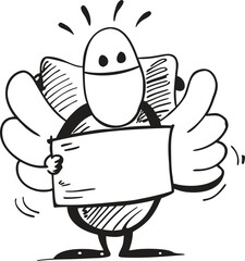 Cheerful winged doodle character holding blank sign and showing thumbs up