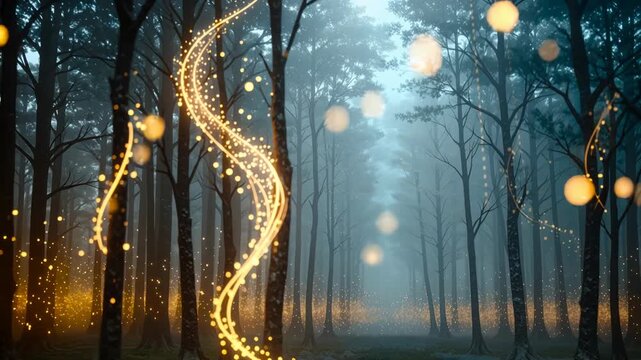 A magical and mystical forest scene, bathed in a soft, ethereal mist. Golden glowing particles gently float and dance through the air, illuminating the bare trees. Dynamic light trails,