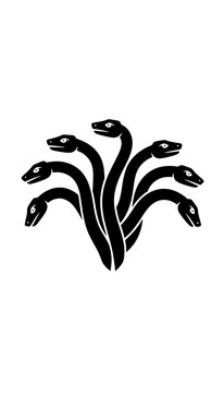 Black silhouette of a seven-headed serpentine creature on white background