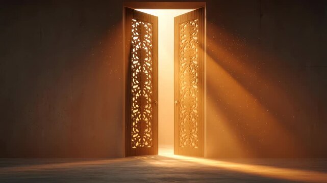 A pair of majestic wooden doors slowly close, initially revealing a brilliant golden light from behind, casting warm rays and shimmering dust particles into a dark, empty room. 