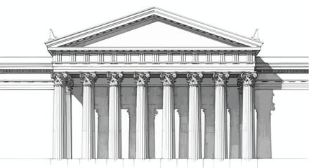 Neoclassical building facade with columns and pediment drawn in precise monochrome line art.