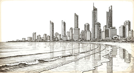 City skyline along coastal shore with gentle waves under warm sunset, detailed pencil illustration.