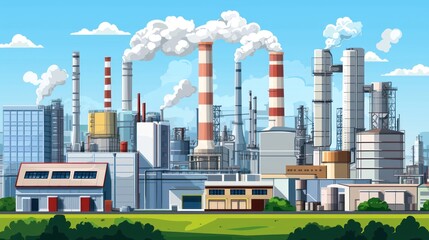 Obraz premium A bustling factory complex with smokestacks emitting white smoke, surrounded by industrial buildings and greenery, under a clear blue sky with fluffy white clouds.