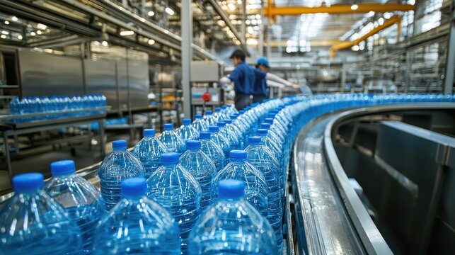 Water bottles on a conveyor belt in a factory setting.