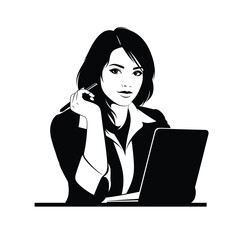 Female professional on laptop, thinking with pen, vector style
