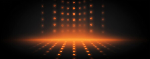 Bright animated gateway, Colorful dots forming virtual portal, Falling orange particles simulate luminous gateway depth, Dynamic orange pulsating points generate glowing digital portal