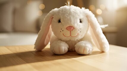 Soft focused white stuffed rabbit sits serenely on a table, illuminated by the gentle glow of a candle, perfectly capturing the concept of gentle nurturing, evoking feelings of warmth and.