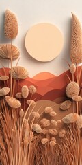 Abstract illustration of plants and sunset scene with earthy tones and textures