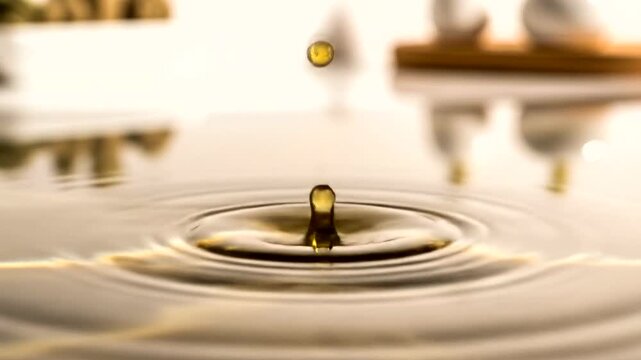 Close-up of a golden water droplet falling into a calm surface, creating ripples in a serene setting - Powered by Adobe