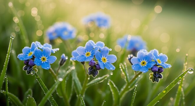 Forget-me-nots in the morning dew - A close-up of delicate blue flowers. - Powered by Adobe