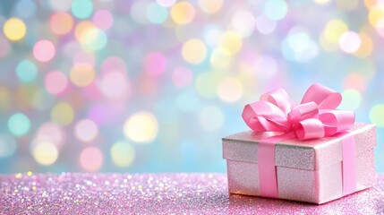 Fototapeta premium Bokeh background with glitter and pink gift box, ideal for birthdays, weddings, or surprises
