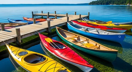 Obraz premium Colorful Kayaks and Canoes Docked at a Wooden Pier on a Clear, Sunny Lake, Perfect for Summer Water Sports and Recreation