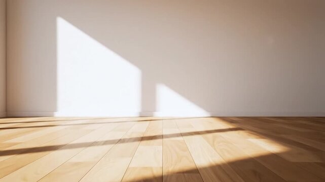 Sunlight pattern on wood floor interior scene with bright window and white wall design