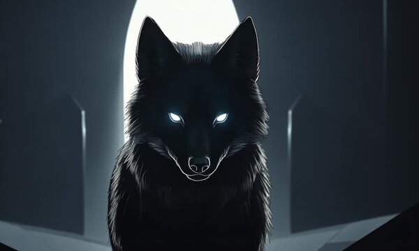 Black wolf with glowing blue eyes staring directly in a dark, mysterious setting, digital illustration.