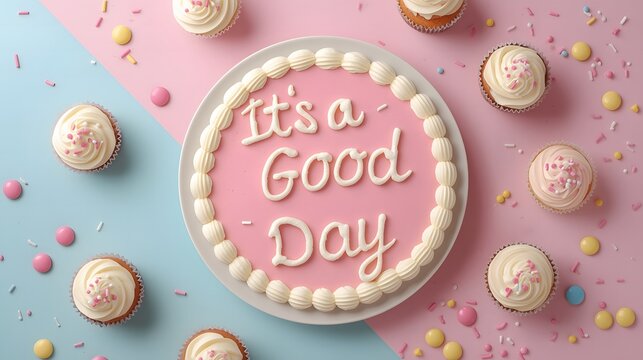 Beautiful creamy cake with it's a good day message and colorful cupcakes on pastel background