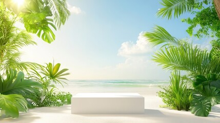 Fototapeta premium Clean white display set on sandy surface, tropical leaves and sky view offer natural product showcase
