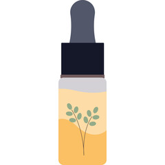 A Dropper Bottle with Natural Plant Illustration Contains Golden Liquid for Organic Cosmetics and Skincare Products Isolated on a Transparent Background
