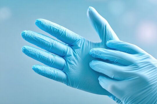 Close up of hands putting on blue medical gloves