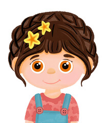 Obraz premium Cute Girl with Star Hair Clips PNG | Cartoon Character Illustration | Children Clipart