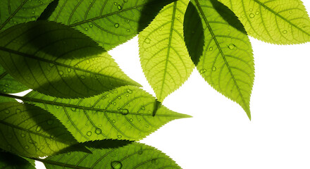 Fototapeta na wymiar Close up of bright green leaves with water droplets and shadows against a black background