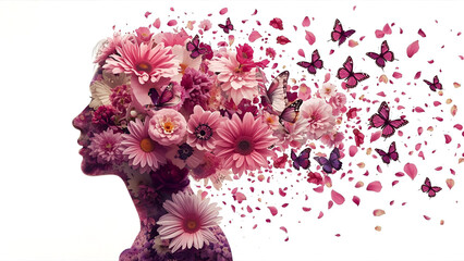 Floral silhouette of a woman's profile with butterflies and petals