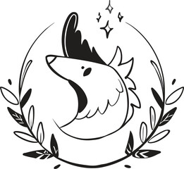 Whimsical stylized mythical griffin dragon head logo in a leafy wreath