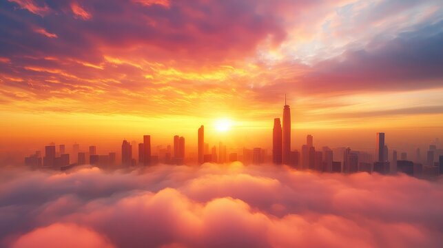 Golden sunlight shines through foggy urban skyline at dawn, rich colors and layered clouds capture travel adventure - Powered by Adobe