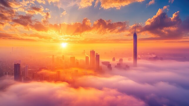 Golden sunlight shines through foggy urban skyline at dawn, rich colors and layered clouds capture travel adventure