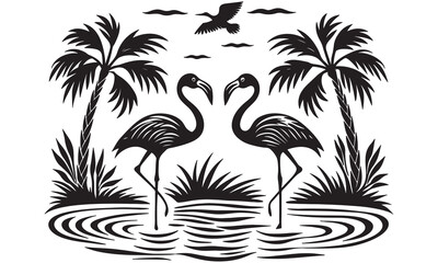Tropical Flamingo Couple with Palm Trees – Island Lagoon Silhouette Vector