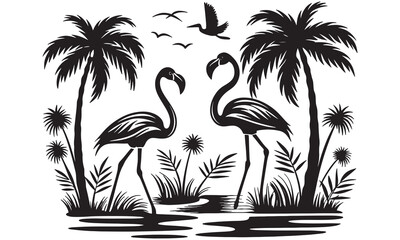 Tropical Flamingo Couple with Palm Trees – Island Lagoon Silhouette Vector