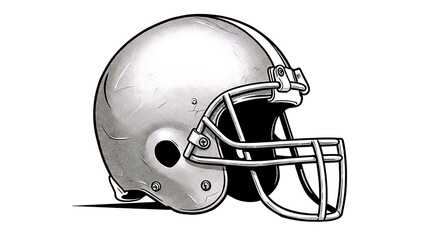Artistic monochrome illustration of a classic American football helmet. Detailed lines and shading