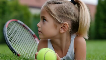 Young girl playing tennis outdoors with curious engagement - Powered by Adobe
