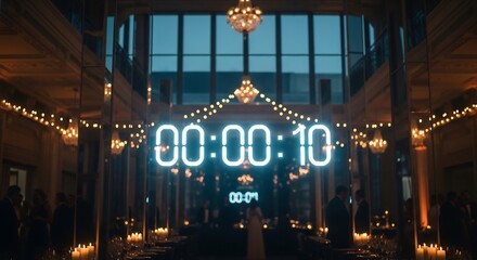 Elegant venue with a countdown clock displayed prominently candles and chandelier visible