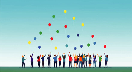 Diverse Group of People Releasing Colorful Balloons into Sky.