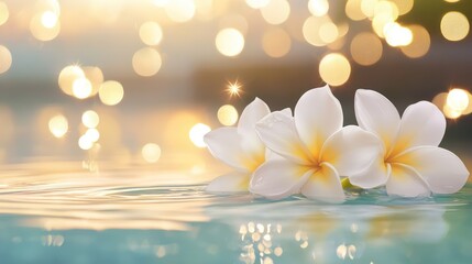 Peaceful white flowers drifting on water, glowing bokeh lights behind for perfect wellness or meditation imagery